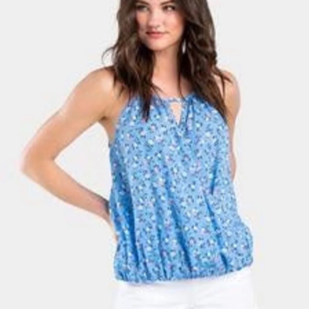 Francesca’s Mi Ami Juliet Blue Floral Printed Keyhole Sleeveless Blouse Medium